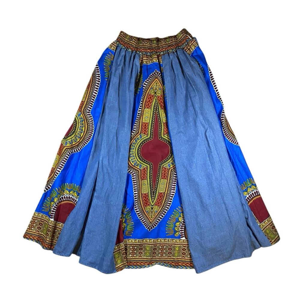 Handmade Dashiki & Denim Paneled Maxi Skirt - OS - Picture 2 of 4